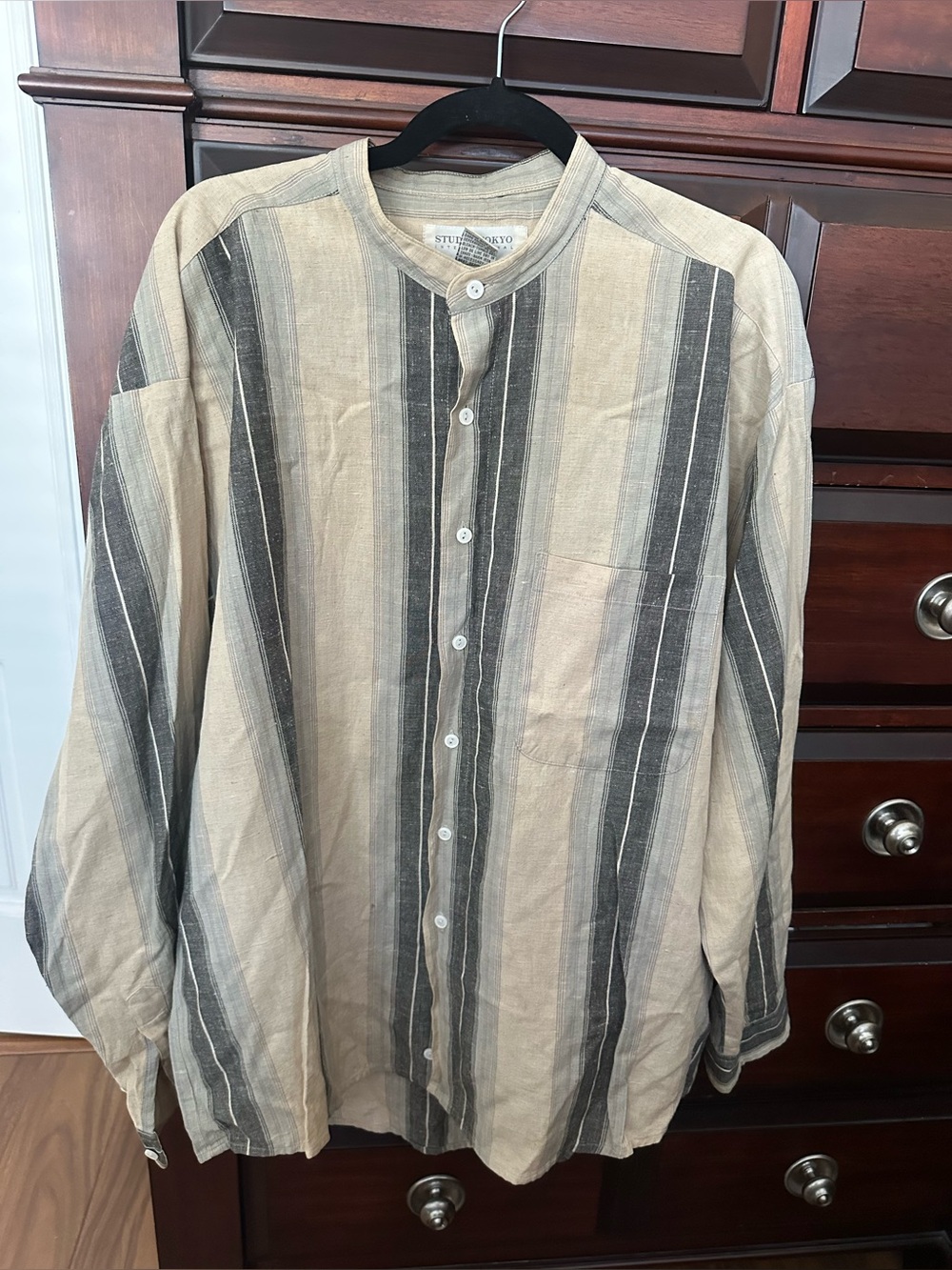 Studio Tokyo International Men’s XL Striped Linen-Cotton Band Collar Shirt